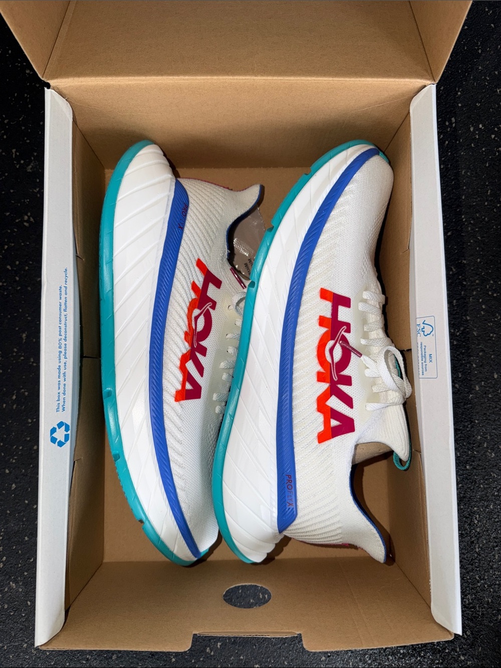 Hoka White Running Shoes with Red Logo & Teal/Blue Accents